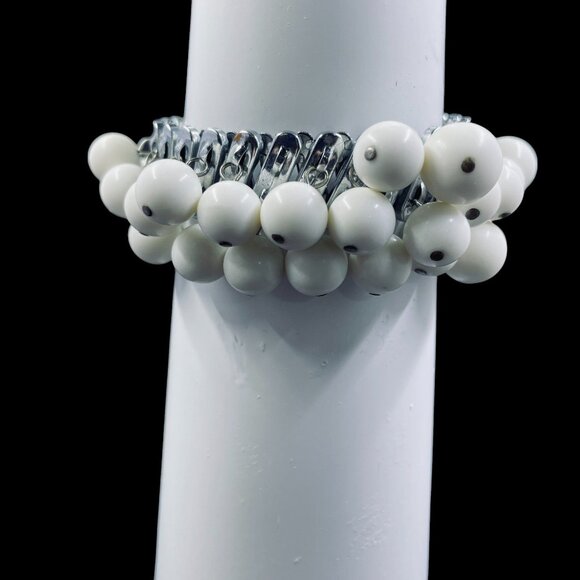 Chunky Silver Chain Bracelet White Beaded Stretch Statement Bold Modern Chic - Picture 6 of 9